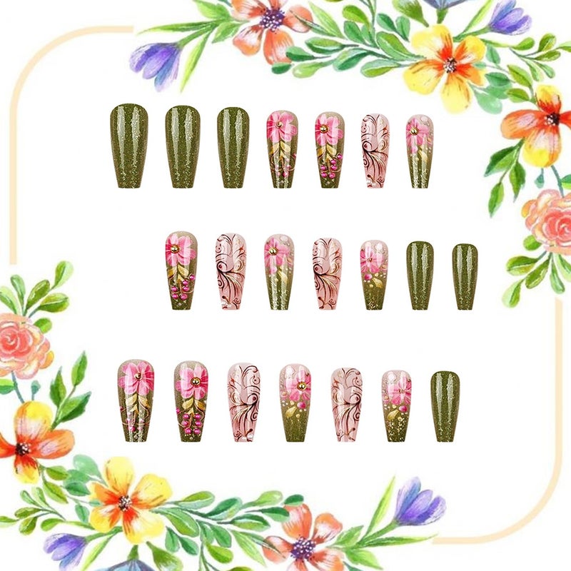 CJDLTS Flower False Nail Green French Tip Press on Nails Long Length Pink Floral Pearl Design Full Cover Gradient Artificial Stick on Nails Ballet Shaped Manicure Acrylic Glue on Nail for Women 24Pcs - Image 3